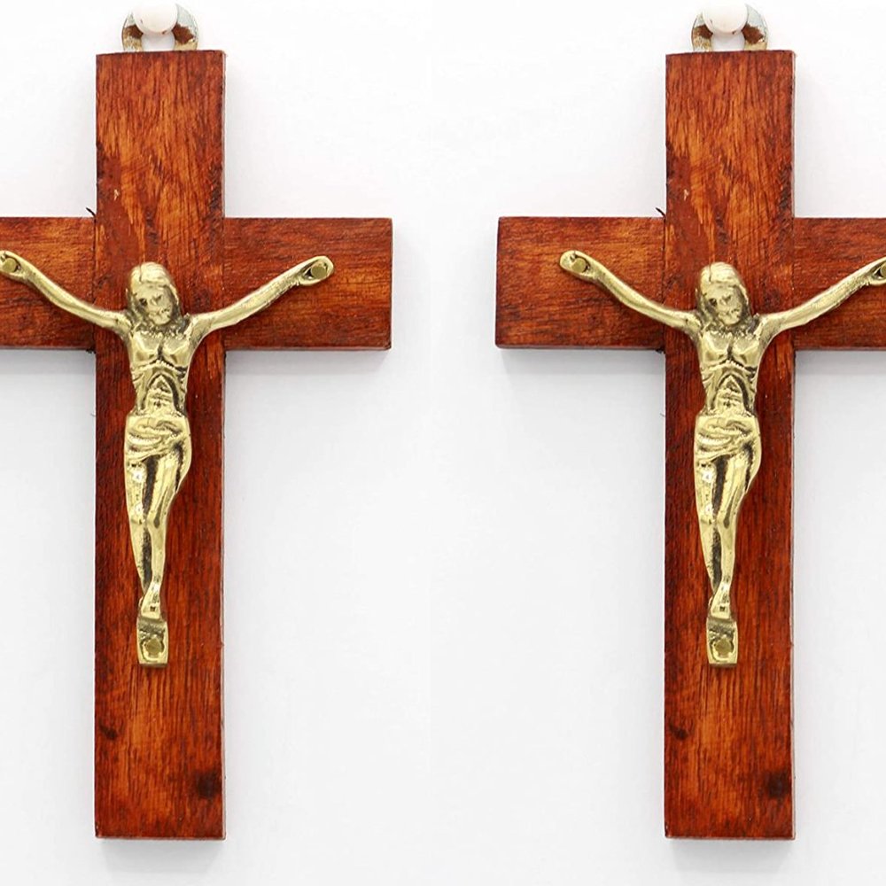 set of 2, 6" Handmade Wood and Brass Jesus Christ Crucifix cross.